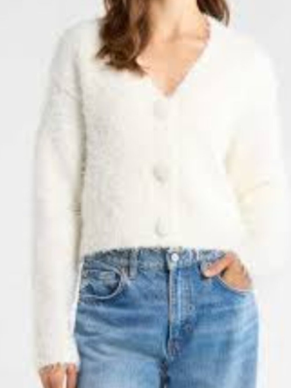 All in Favor Fuzzy V Neck Cardigan – Cream – Size Small – Soft Textured Knit